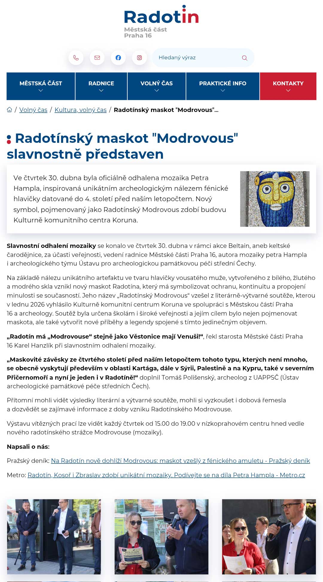 Radotínský maskot Modrovous představen, praha16.eu