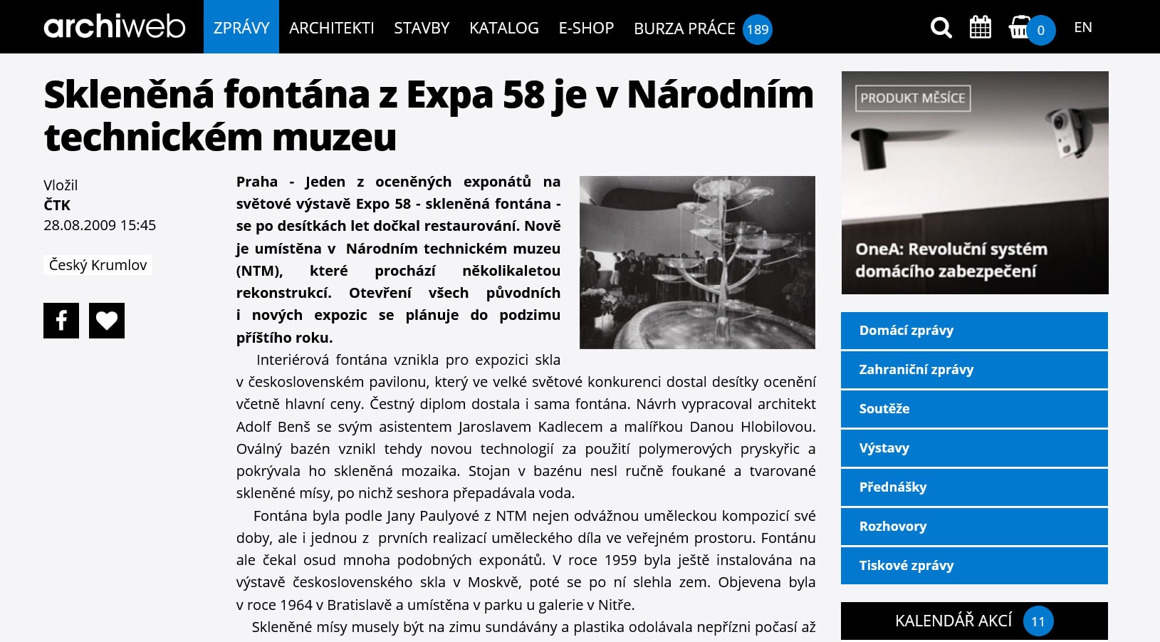 Skleněná fontána z Expa 58 je v Národním technickém muzeu