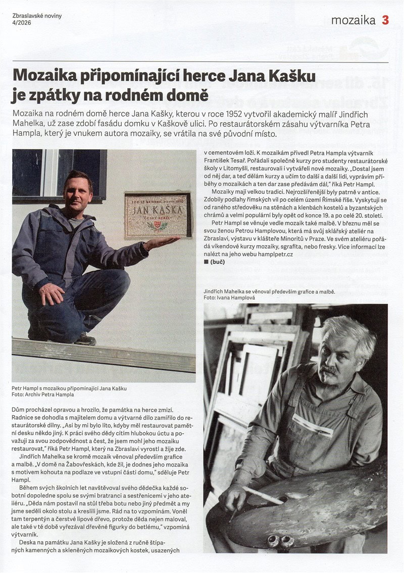 Mozaika připomínající herce Jana Kašku je zpátky. Zbrslavské noviny 4/2026